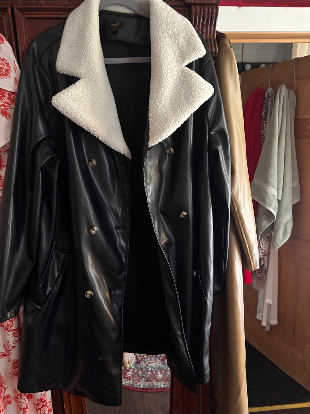 Black Faux Leather Trench Coat with White Sherpa Collar